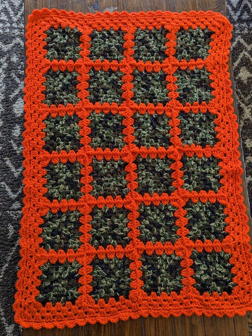 Handmade Granny Square Crochet Baby Blanket in Orange and Camo